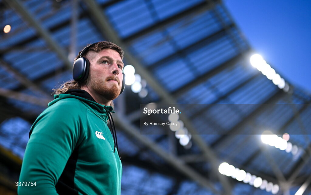 6 March 2026; Joe McCarthy of Ireland walks the pitch before the Guinness 6 Nations Rugby Championship match between Ireland and Wales at the Aviva Stadium in Dublin. Photo by Ramsey Cardy/Sportsfile