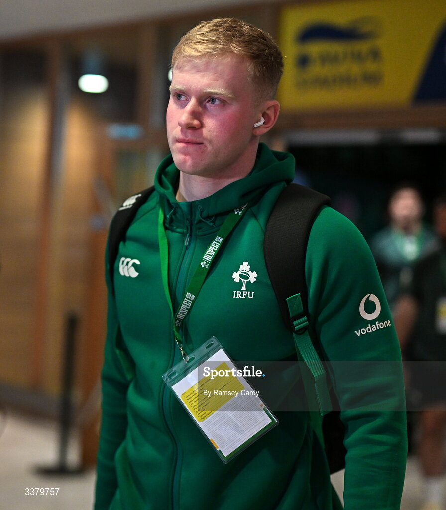 6 March 2026; Jamie Osborne of Ireland arrives ahead of the Guinness 6 Nations Rugby Championship match between Ireland and Wales at the Aviva Stadium in Dublin. Photo by Ramsey Cardy/Sportsfile