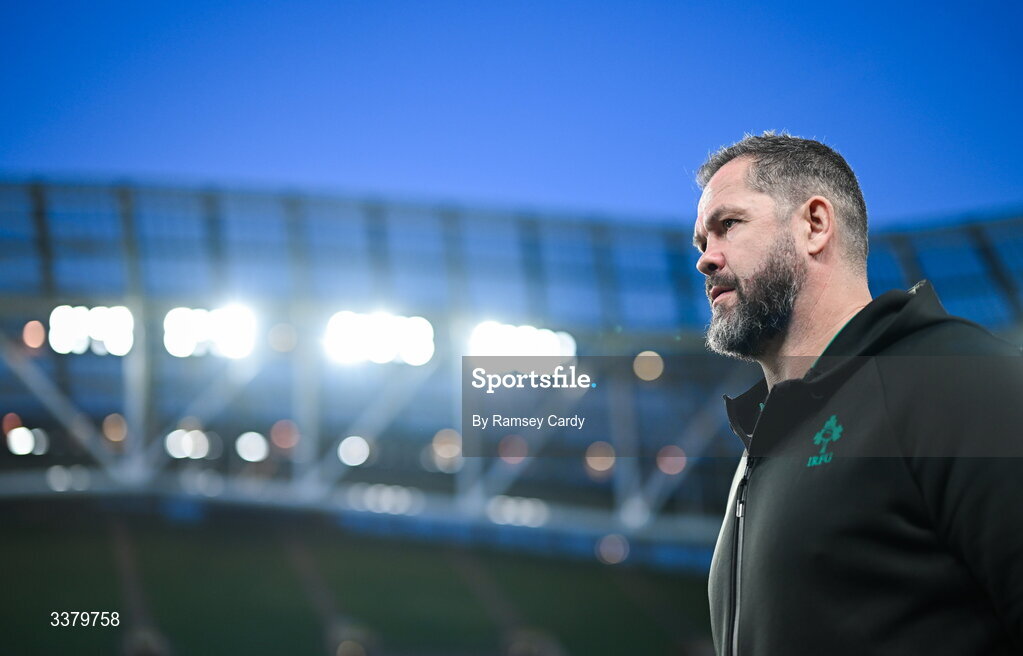 6 March 2026; Ireland head coach Andy Farrell walks the pitch before the Guinness 6 Nations Rugby Championship match between Ireland and Wales at the Aviva Stadium in Dublin. Photo by Ramsey Cardy/Sportsfile