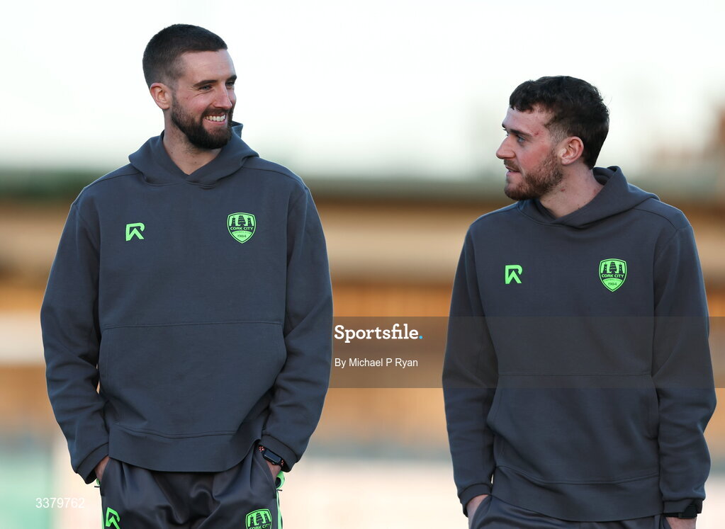 6 March 2026; Cork City players, from left, Fiacre Kelleher and Conor Brann before the SSE Airtricity Men's First Division match between Cobh Ramblers and Cork City at St Colman's Park in Cobh, Cork. Photo by Michael P Ryan/Sportsfile