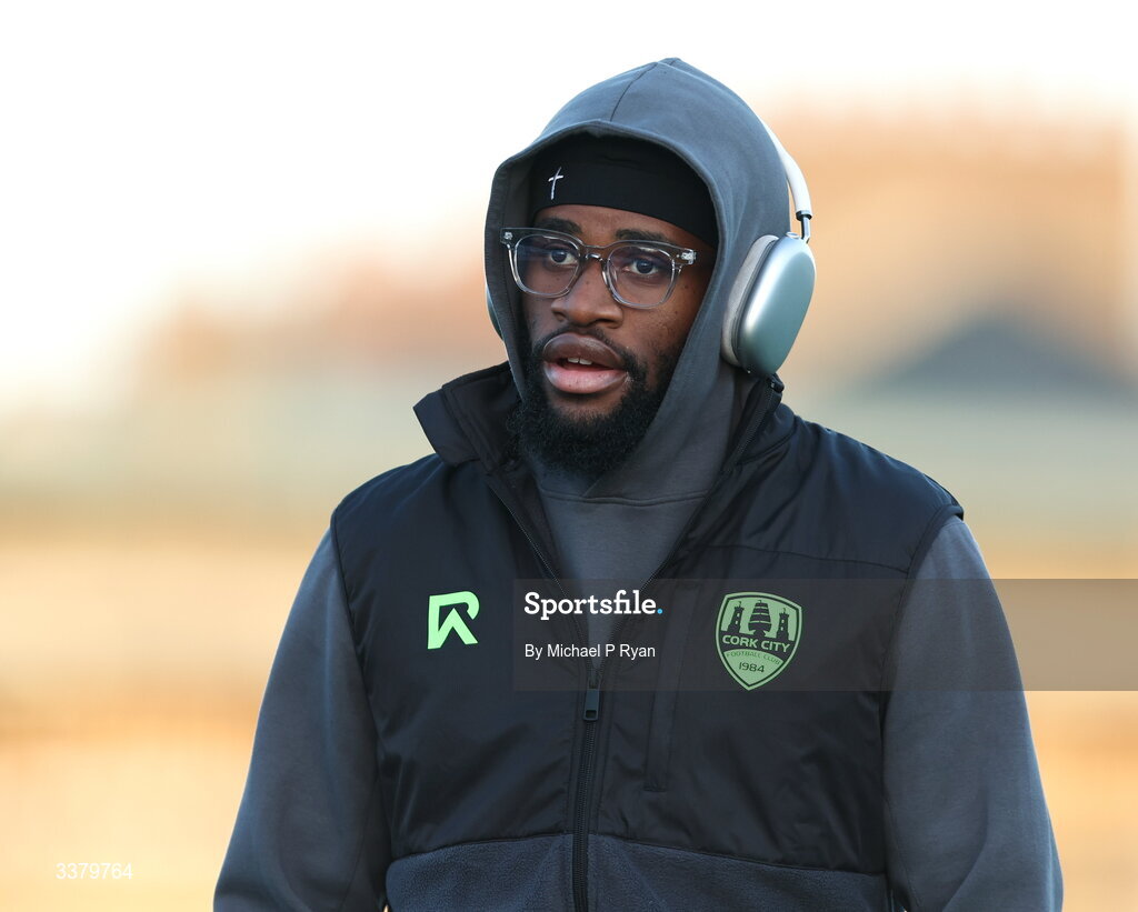 6 March 2026; Hans Mpongo of Cork City before the SSE Airtricity Men's First Division match between Cobh Ramblers and Cork City at St Colman's Park in Cobh, Cork. Photo by Michael P Ryan/Sportsfile