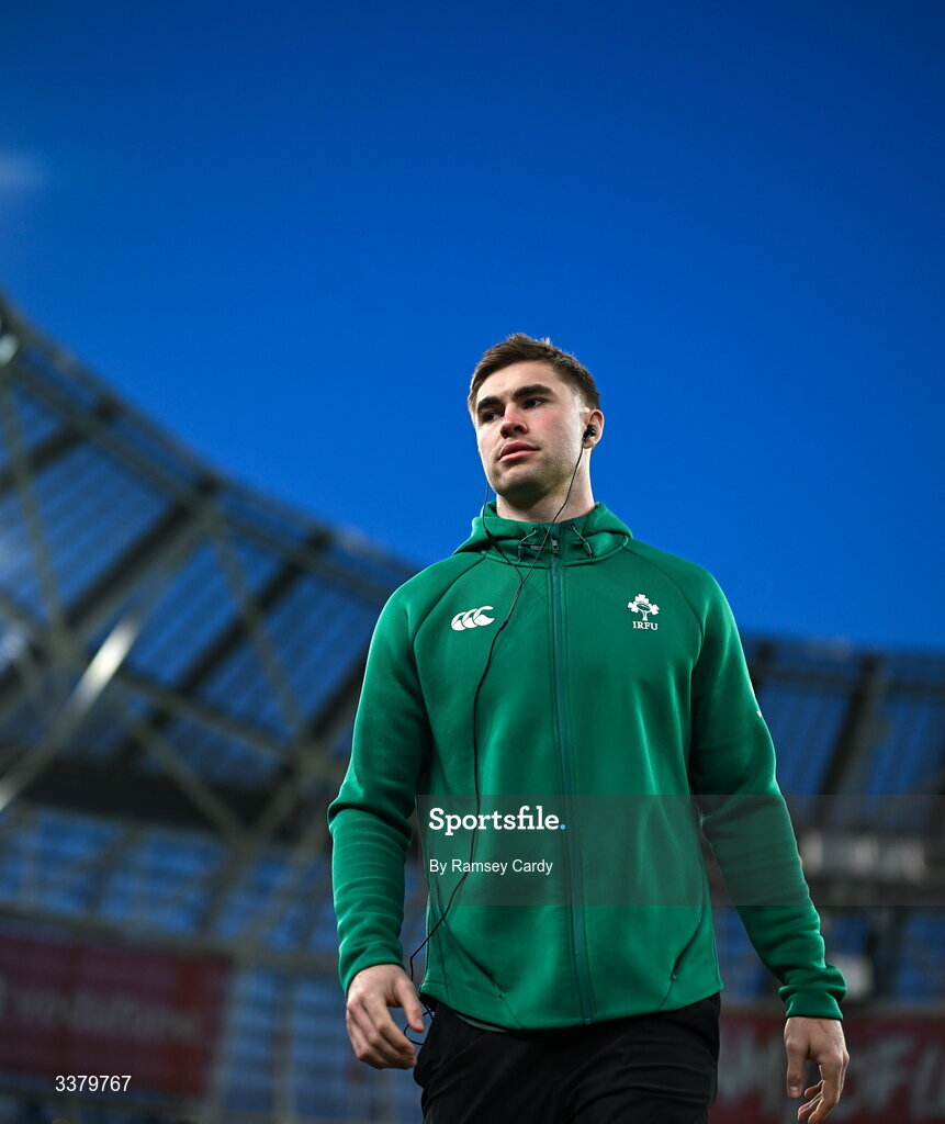6 March 2026; Jack Crowley of Ireland walks the pitch before the Guinness 6 Nations Rugby Championship match between Ireland and Wales at the Aviva Stadium in Dublin. Photo by Ramsey Cardy/Sportsfile