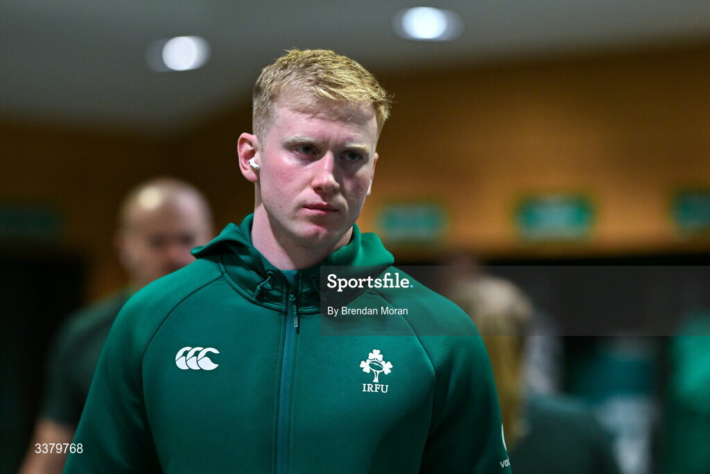 6 March 2026; Jamie Osborne of Ireland in the dressing-room before the Guinness 6 Nations Rugby Championship match between Ireland and Wales at the Aviva Stadium in Dublin. Photo by Brendan Moran/Sportsfile