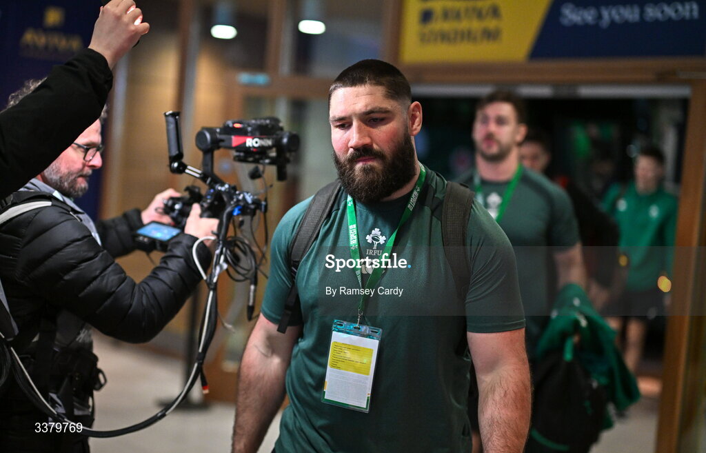 6 March 2026; Tom O’Toole of Ireland arrives ahead of the Guinness 6 Nations Rugby Championship match between Ireland and Wales at the Aviva Stadium in Dublin. Photo by Ramsey Cardy/Sportsfile