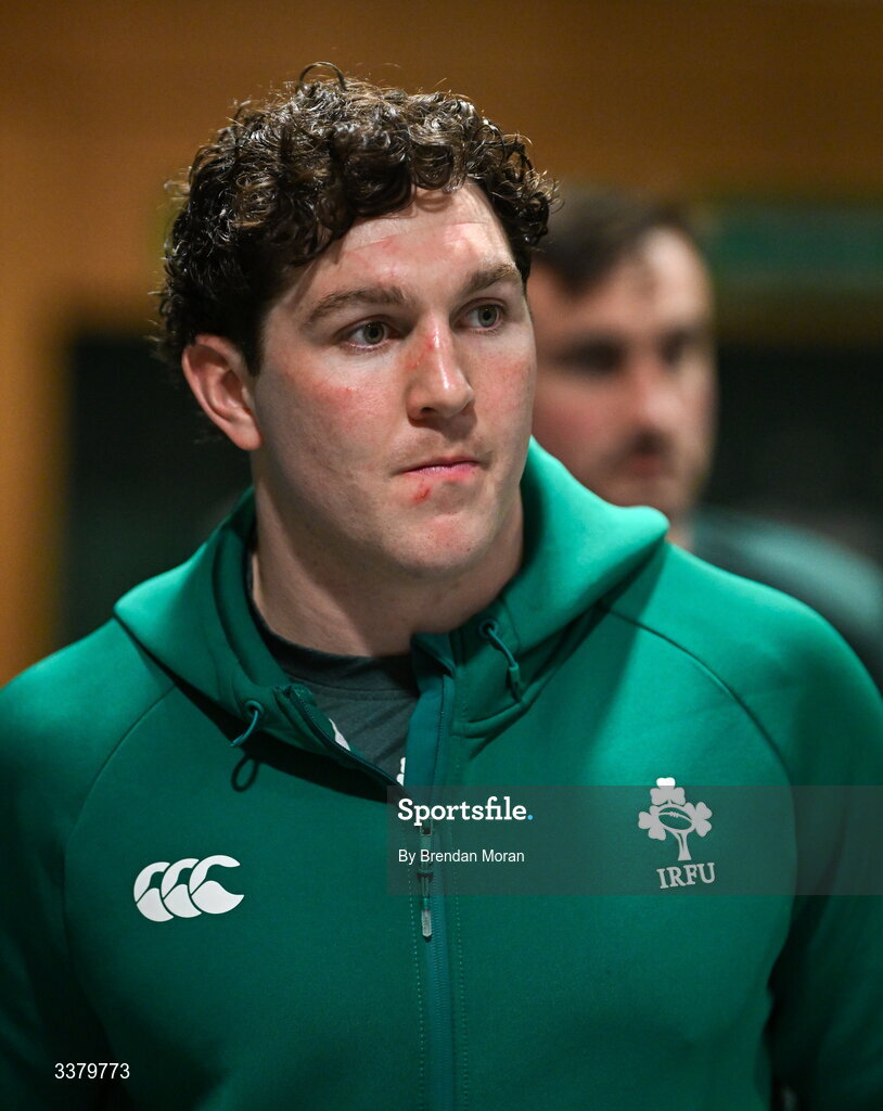 6 March 2026; Tom Stewart of Ireland in the dressing-room before the Guinness 6 Nations Rugby Championship match between Ireland and Wales at the Aviva Stadium in Dublin. Photo by Brendan Moran/Sportsfile