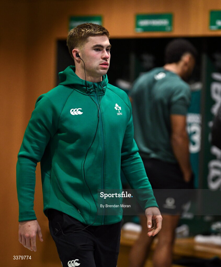 6 March 2026; Jack Crowley of Ireland in the dressing-room before the Guinness 6 Nations Rugby Championship match between Ireland and Wales at the Aviva Stadium in Dublin. Photo by Brendan Moran/Sportsfile