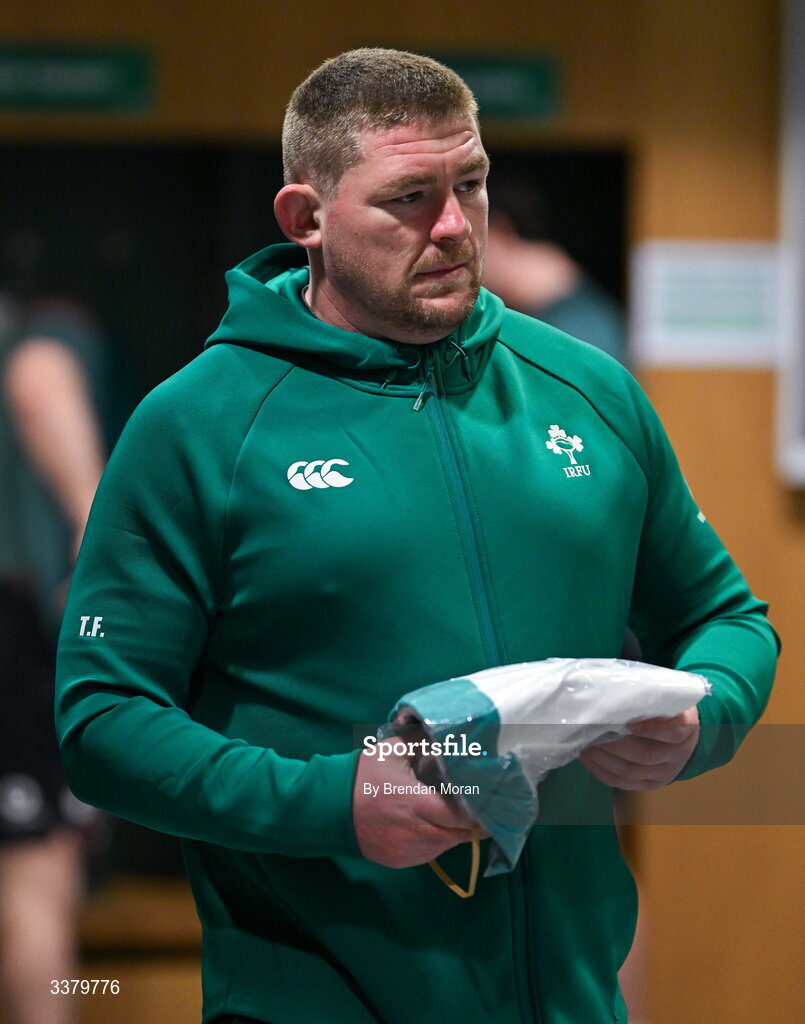 6 March 2026; Tadhg Furlong of Ireland in the dressing-room before the Guinness 6 Nations Rugby Championship match between Ireland and Wales at the Aviva Stadium in Dublin. Photo by Brendan Moran/Sportsfile