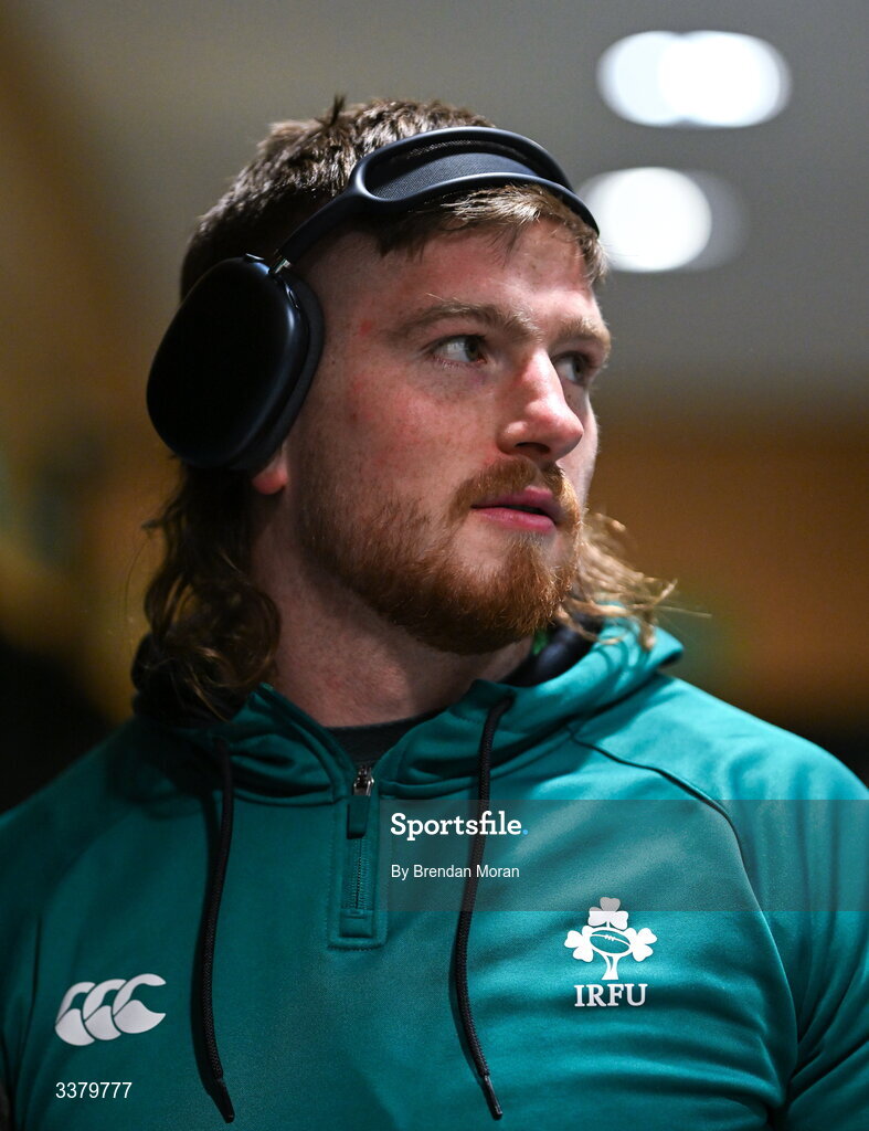6 March 2026; Joe McCarthy of Ireland in the dressing-room before the Guinness 6 Nations Rugby Championship match between Ireland and Wales at the Aviva Stadium in Dublin. Photo by Brendan Moran/Sportsfile