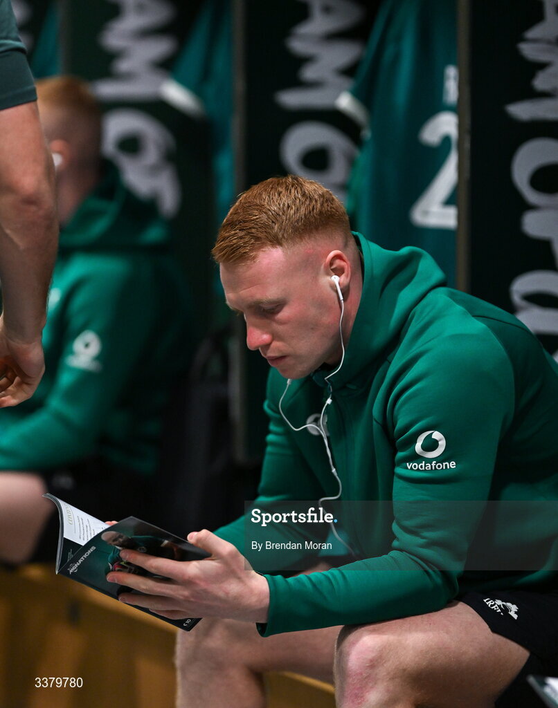 6 March 2026; Ciarán Frawley of Ireland in the dressing-room before the Guinness 6 Nations Rugby Championship match between Ireland and Wales at the Aviva Stadium in Dublin. Photo by Brendan Moran/Sportsfile