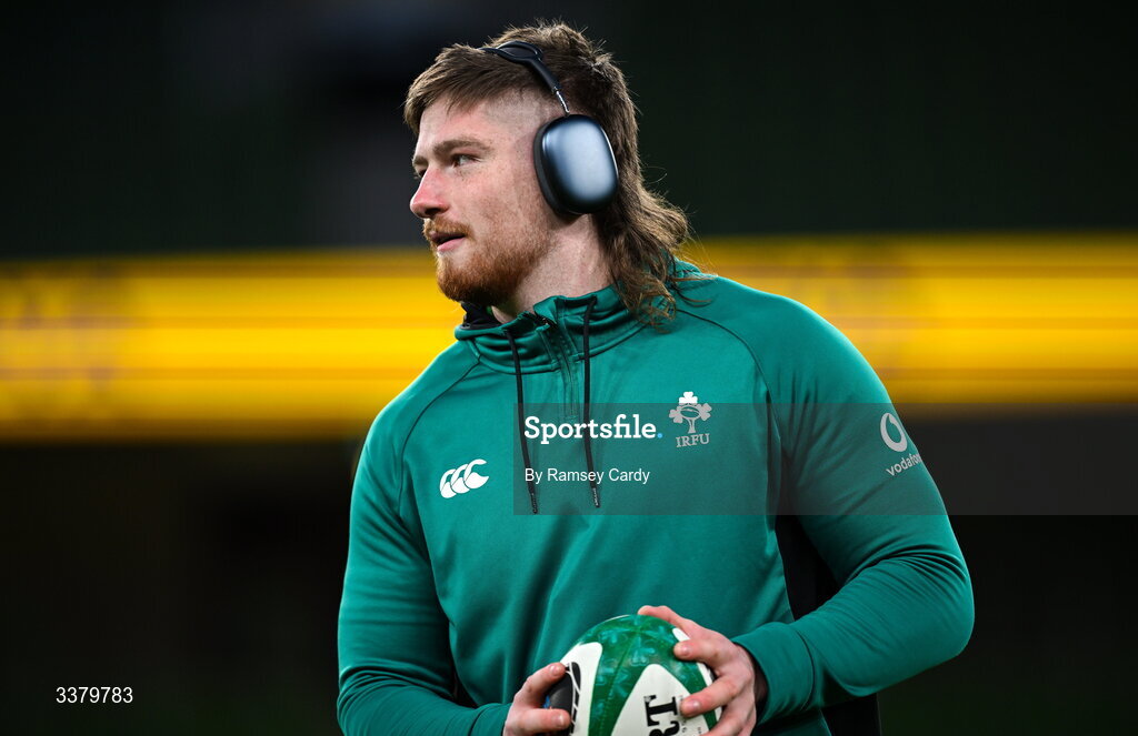 6 March 2026; Joe McCarthy of Ireland walks the pitch before the Guinness 6 Nations Rugby Championship match between Ireland and Wales at the Aviva Stadium in Dublin. Photo by Ramsey Cardy/Sportsfile