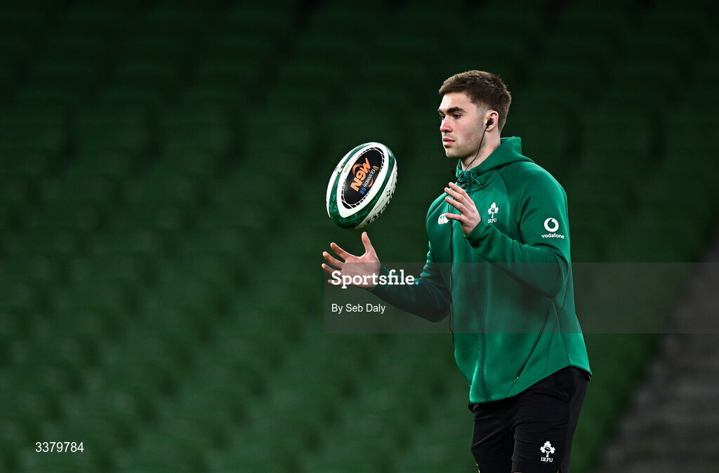 6 March 2026; Jack Crowley of Ireland walks the pitch before the Guinness 6 Nations Rugby Championship match between Ireland and Wales at the Aviva Stadium in Dublin. Photo by Seb Daly/Sportsfile
