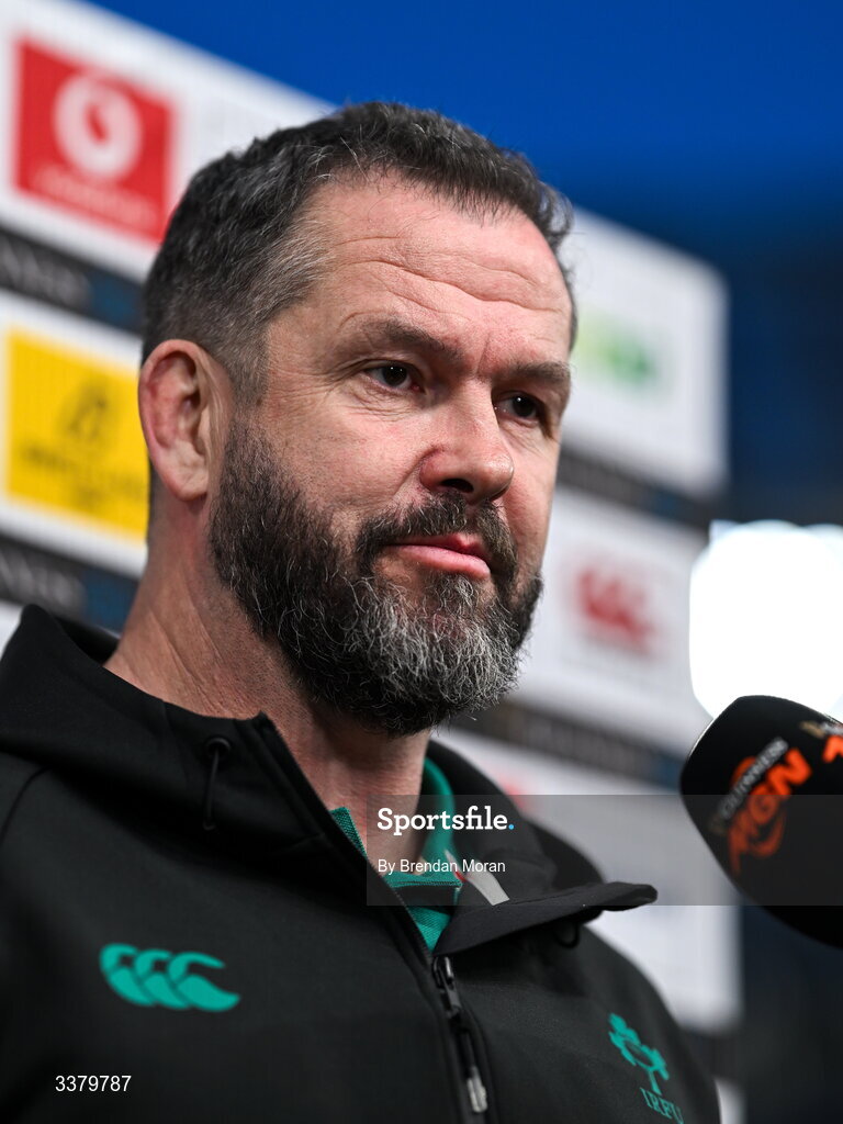 6 March 2026; Ireland head coach Andy Farrell is interviewed before the Guinness 6 Nations Rugby Championship match between Ireland and Wales at the Aviva Stadium in Dublin. Photo by Brendan Moran/Sportsfile