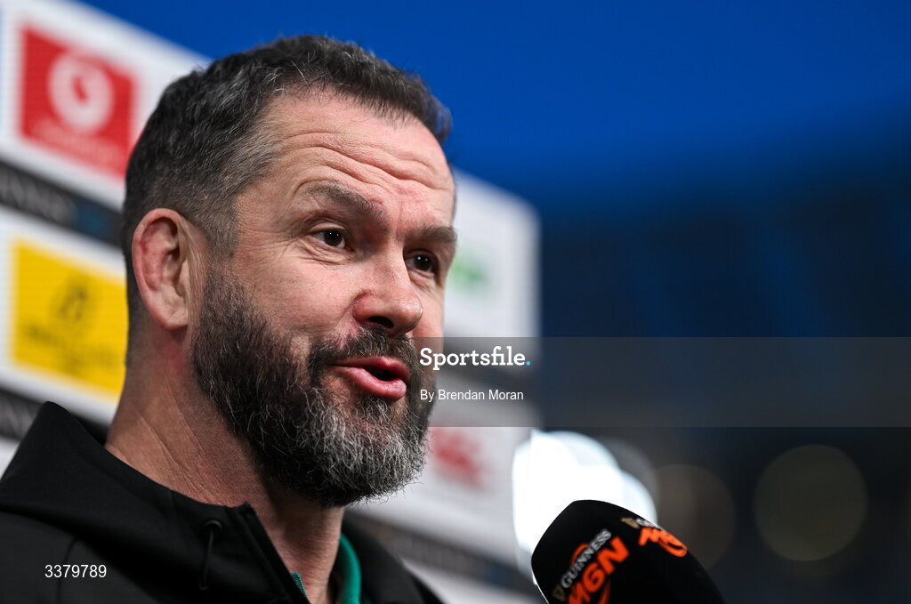 6 March 2026; Ireland head coach Andy Farrell is interviewed before the Guinness 6 Nations Rugby Championship match between Ireland and Wales at the Aviva Stadium in Dublin. Photo by Brendan Moran/Sportsfile