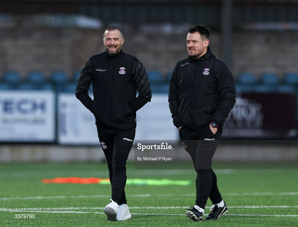 6 March 2026; Cobh Ramblers manager Fran Rockett, left, with assistant manager John Frost before the SSE Airtricity Men's First Division match between Cobh Ramblers and Cork City at St Colman's Park in Cobh, Cork. Photo by Michael P Ryan/Sportsfile
