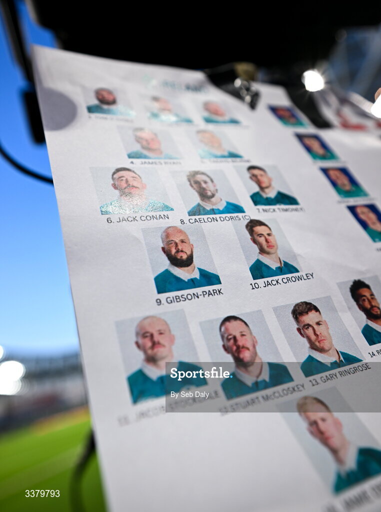 6 March 2026; Ireland players Jamison Gibson-Park, centre left, and Jack Crowley, centre right, are seen on a team-sheet before the Guinness 6 Nations Rugby Championship match between Ireland and Wales at the Aviva Stadium in Dublin. Photo by Seb Daly/Sportsfile