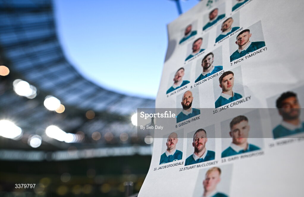 6 March 2026; Ireland players, including Jamison Gibson-Park, centre left, and Jack Crowley, centre right, are seen on a team-sheet before the Guinness 6 Nations Rugby Championship match between Ireland and Wales at the Aviva Stadium in Dublin. Photo by Seb Daly/Sportsfile
