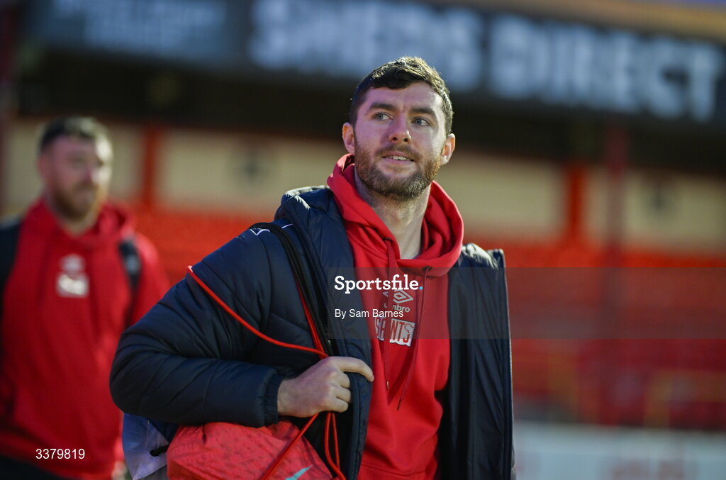 6 March 2026; Aidan Keena of St Patrick's Athletic arrives before the SSE Airtricity Men's Premier Division match between Shelbourne and St Patrick's Athletic at Tolka Park in Dublin. Photo by Sam Barnes/Sportsfile