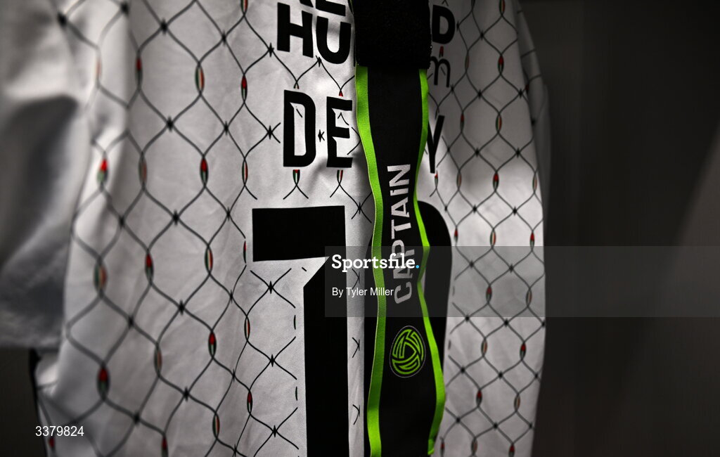 6 March 2026; A captains armband is seen with the jersey of Dawson Devoy in the Bohemians dressing room before during the SSE Airtricity Men's Premier Division match between Waterford and Bohemians at the RSC in Waterford. Photo by Tyler Miller/Sportsfile