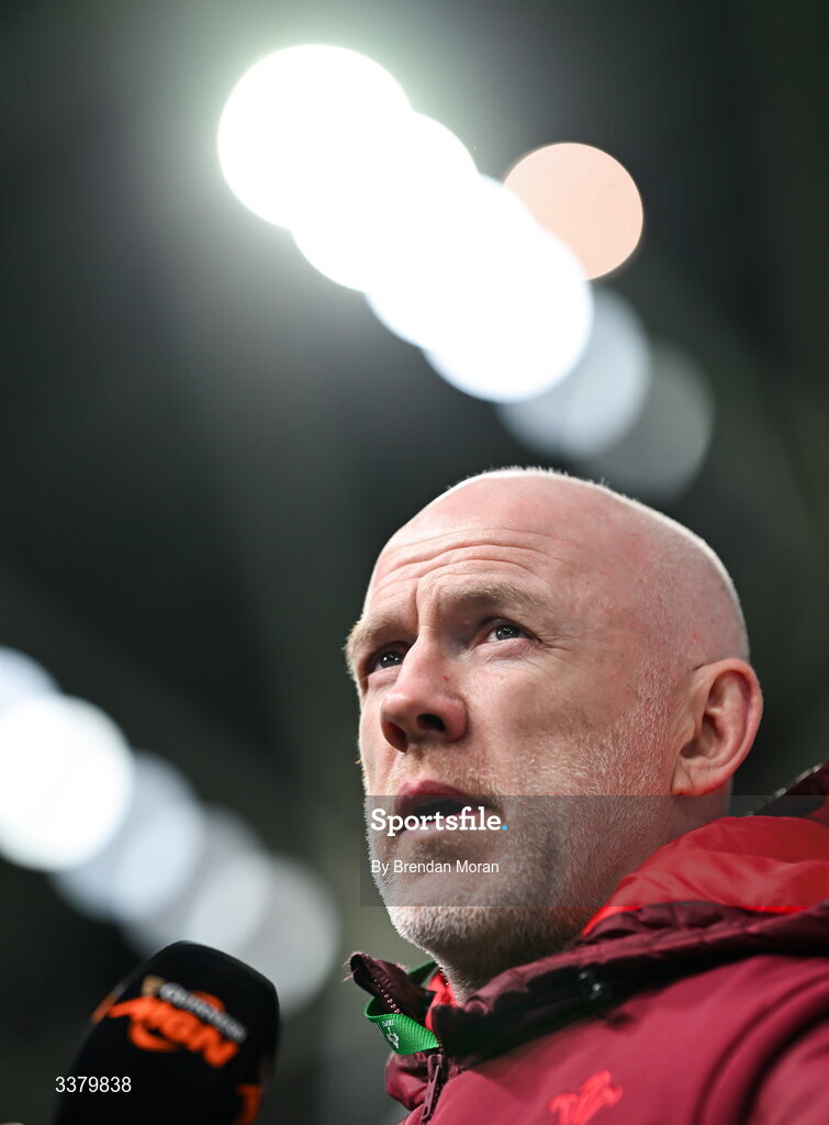 6 March 2026; Wales head coach Steve Tandy is interviewed before the Guinness 6 Nations Rugby Championship match between Ireland and Wales at the Aviva Stadium in Dublin. Photo by Brendan Moran/Sportsfile