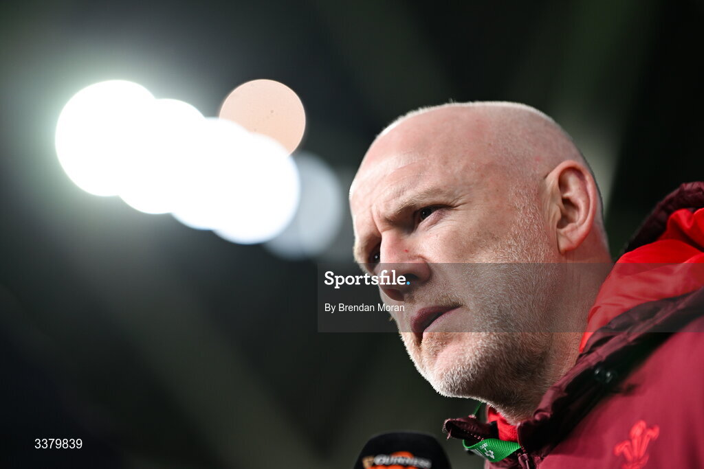 6 March 2026; Wales head coach Steve Tandy is interviewed before the Guinness 6 Nations Rugby Championship match between Ireland and Wales at the Aviva Stadium in Dublin. Photo by Brendan Moran/Sportsfile