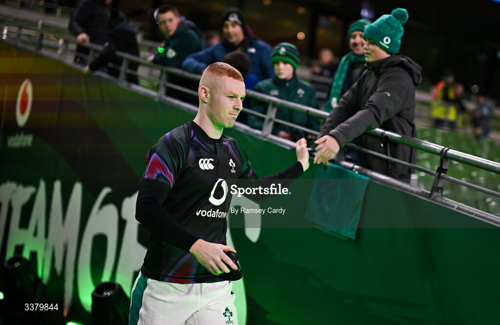 6 March 2026; Nathan Doak of Ireland gives a supporter a high-five before the Guinness 6 Nations Rugby Championship match between Ireland and Wales at the Aviva Stadium in Dublin. Photo by Ramsey Cardy/Sportsfile