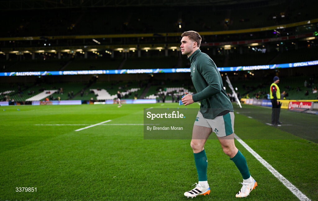 6 March 2026; Jack Crowley of Ireland makes his way onto the pitch for the warm-up before the Guinness 6 Nations Rugby Championship match between Ireland and Wales at the Aviva Stadium in Dublin. Photo by Brendan Moran/Sportsfile