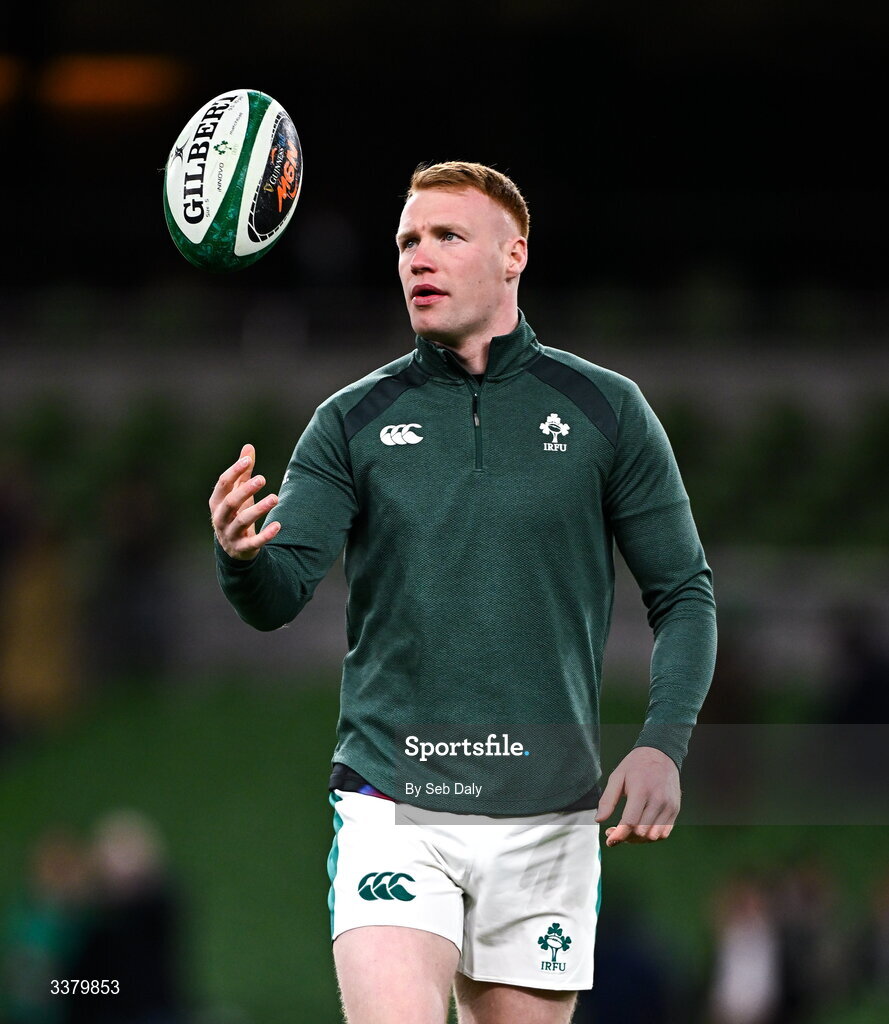 6 March 2026; Ciarán Frawley of Ireland warms-up before the Guinness 6 Nations Rugby Championship match between Ireland and Wales at the Aviva Stadium in Dublin. Photo by Seb Daly/Sportsfile