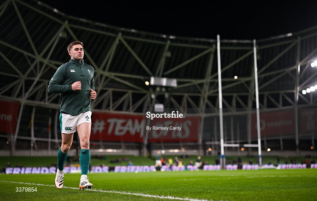 6 March 2026; Jack Crowley of Ireland warms-up before the Guinness 6 Nations Rugby Championship match between Ireland and Wales at the Aviva Stadium in Dublin. Photo by Ramsey Cardy/Sportsfile