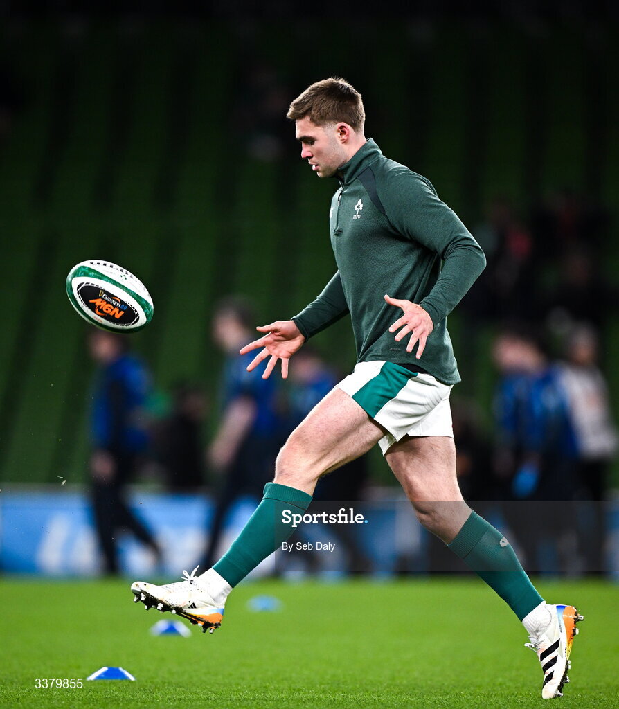 6 March 2026; Jack Crowley of Ireland warms-up before the Guinness 6 Nations Rugby Championship match between Ireland and Wales at the Aviva Stadium in Dublin. Photo by Seb Daly/Sportsfile