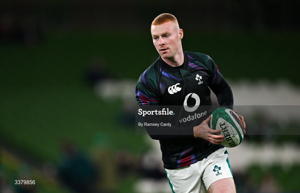 6 March 2026; Nathan Doak of Ireland warms-up before the Guinness 6 Nations Rugby Championship match between Ireland and Wales at the Aviva Stadium in Dublin. Photo by Ramsey Cardy/Sportsfile
