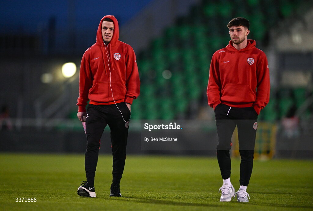 6 March 2026; Ben Doherty, left, and Adam O'Reilly of Derry City before the SSE Airtricity Men's Premier Division match between Shamrock Rovers and Derry City at Tallaght Stadium in Dublin. Photo by Ben McShane/Sportsfile