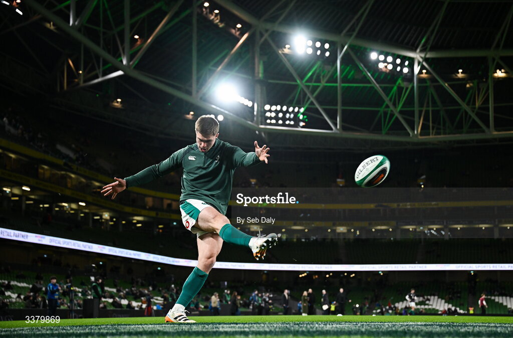 6 March 2026; Jack Crowley of Ireland warms-up before the Guinness 6 Nations Rugby Championship match between Ireland and Wales at the Aviva Stadium in Dublin. Photo by Seb Daly/Sportsfile