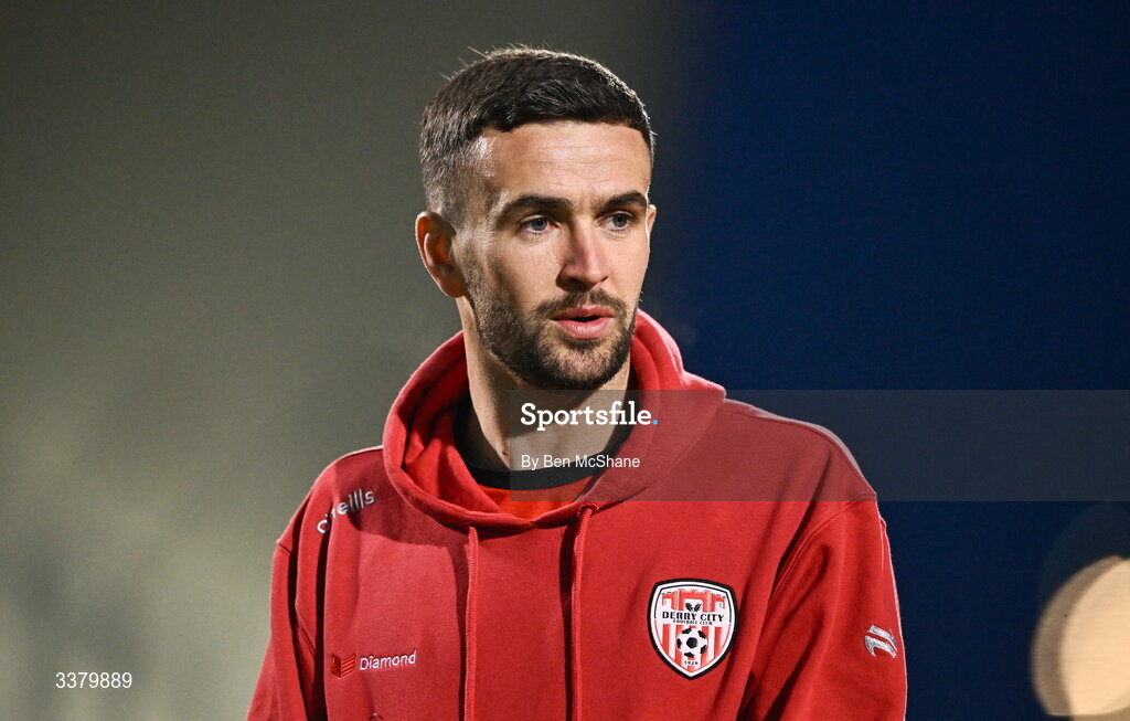 6 March 2026; Michael Duffy of Derry City before the SSE Airtricity Men's Premier Division match between Shamrock Rovers and Derry City at Tallaght Stadium in Dublin. Photo by Ben McShane/Sportsfile