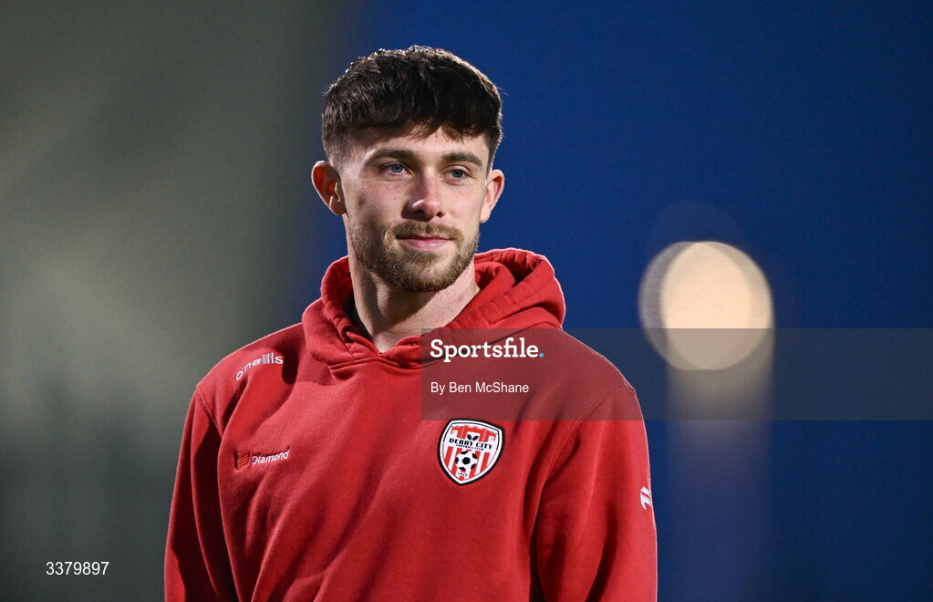 6 March 2026; Adam O'Reilly of Derry City before the SSE Airtricity Men's Premier Division match between Shamrock Rovers and Derry City at Tallaght Stadium in Dublin. Photo by Ben McShane/Sportsfile