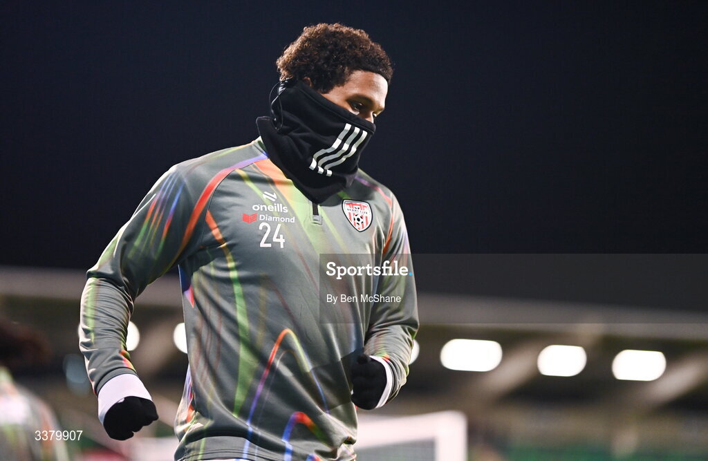 6 March 2026; Henry Rylah of Derry City before the SSE Airtricity Men's Premier Division match between Shamrock Rovers and Derry City at Tallaght Stadium in Dublin. Photo by Ben McShane/Sportsfile