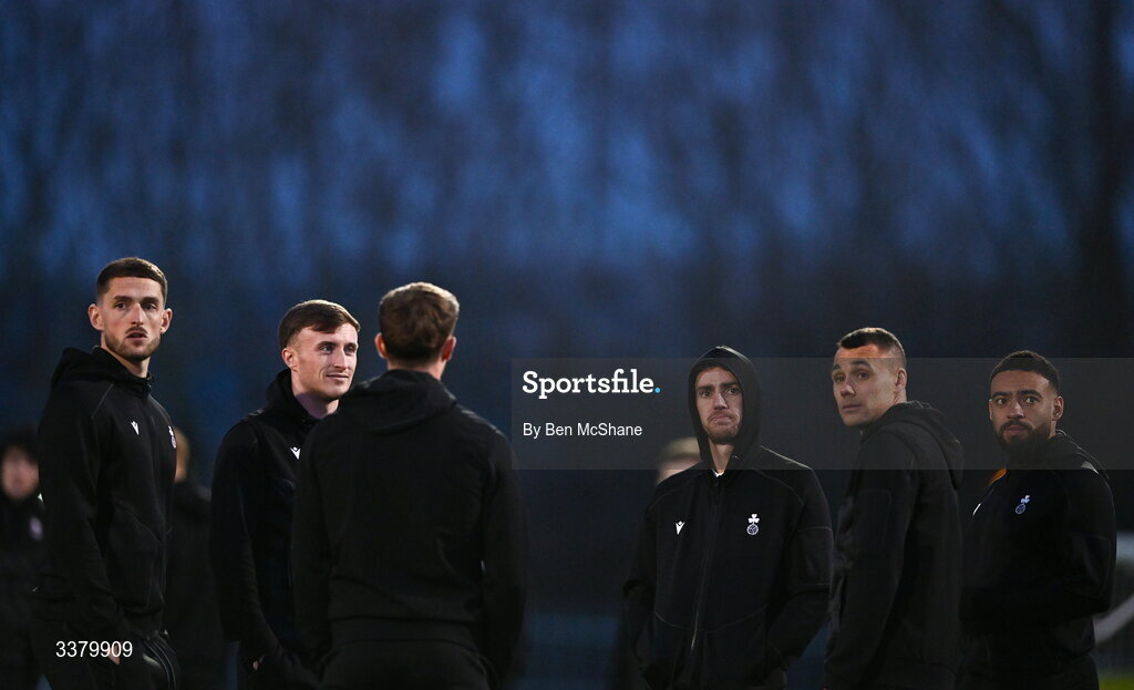 6 March 2026; Shamrock Rovers players, from left, Lee Grace, Danny Grant, Dylan Watts, Graham Burke and Jake Mulraney before the SSE Airtricity Men's Premier Division match between Shamrock Rovers and Derry City at Tallaght Stadium in Dublin. Photo by Ben McShane/Sportsfile