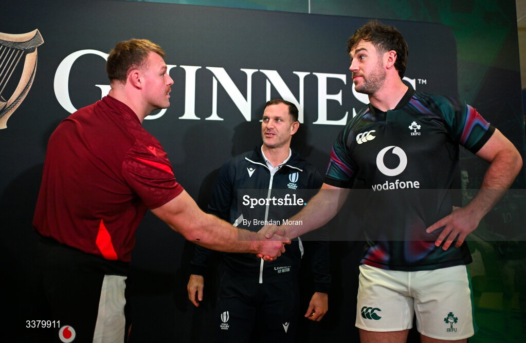 6 March 2026; Wales captain Dewi Lake, left, and Ireland captain Caelan Doris shake hands before referee Karl Dickson ahead of the Guinness 6 Nations Rugby Championship match between Ireland and Wales at the Aviva Stadium in Dublin. Photo by Brendan Moran/Sportsfile