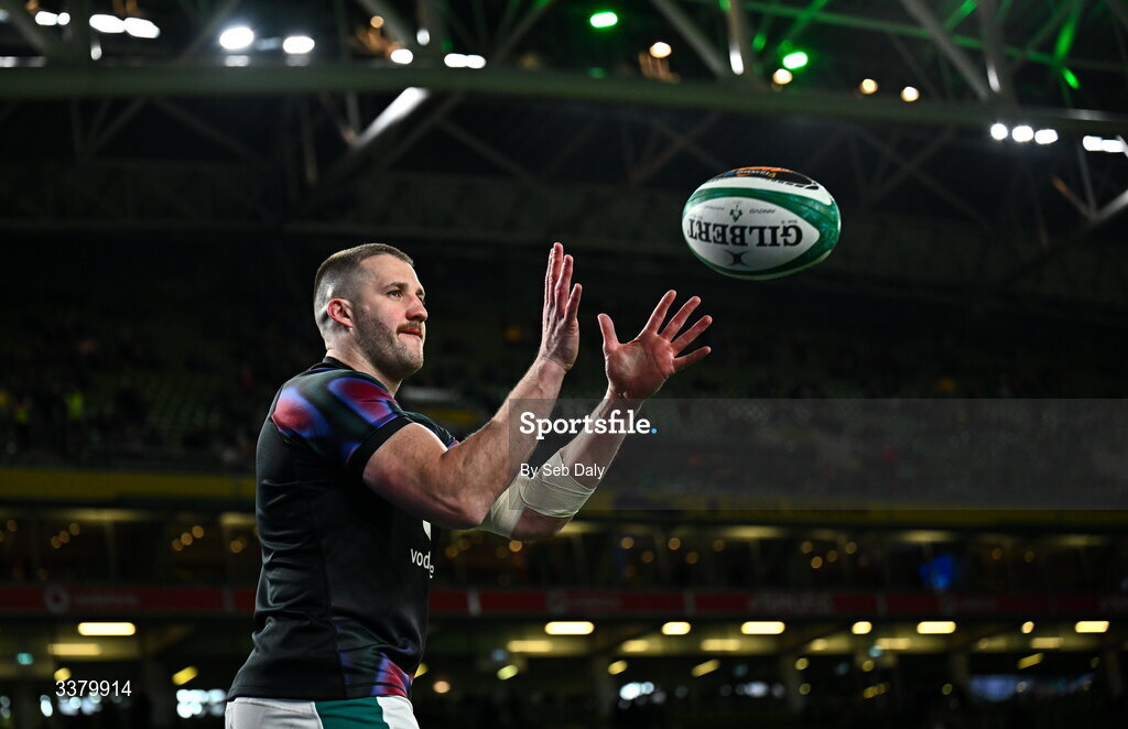 6 March 2026; Stuart McCloskey of Ireland warms-up before the Guinness 6 Nations Rugby Championship match between Ireland and Wales at the Aviva Stadium in Dublin. Photo by Seb Daly/Sportsfile