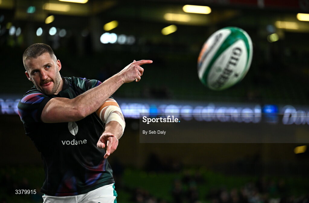 6 March 2026; Stuart McCloskey of Ireland warms-up before the Guinness 6 Nations Rugby Championship match between Ireland and Wales at the Aviva Stadium in Dublin. Photo by Seb Daly/Sportsfile