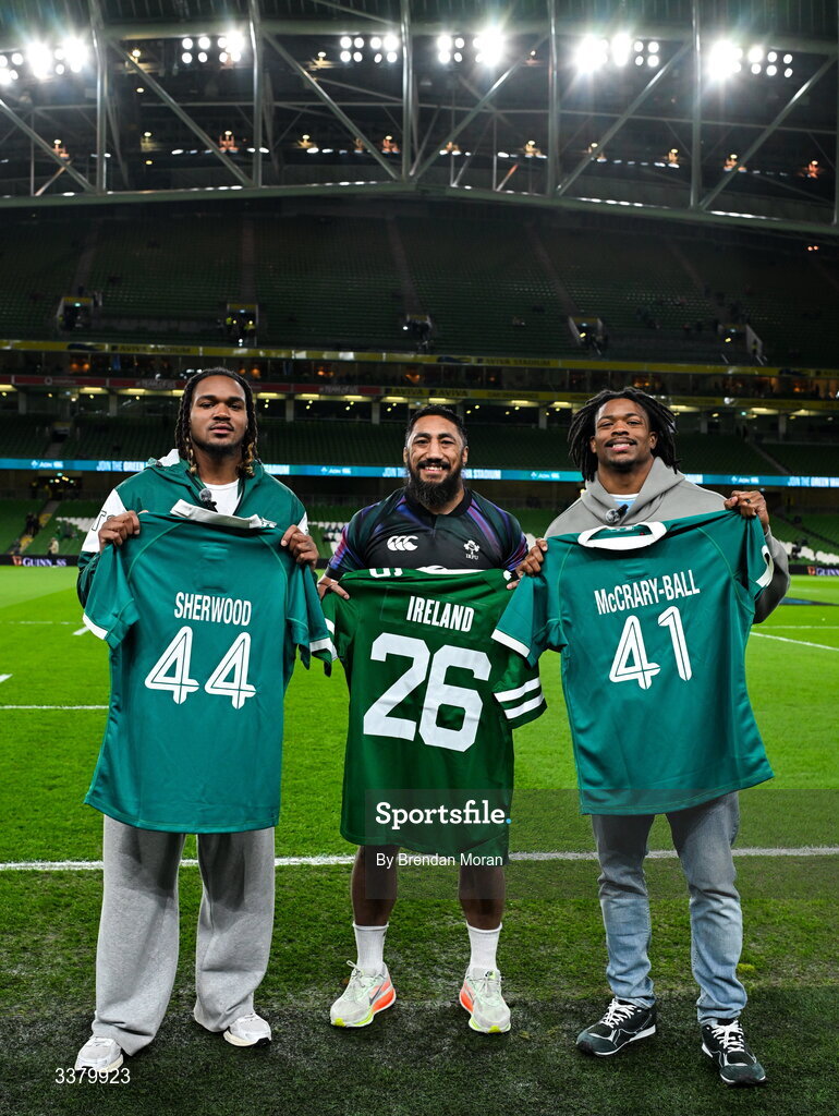 6 March 2026; Bundee Aki of Ireland, centre, with New York Jets NFL players Jamien Sherwood, left, and Marcelino McCrary-Ball before the Guinness 6 Nations Rugby Championship match between Ireland and Wales at the Aviva Stadium in Dublin. Photo by Brendan Moran/Sportsfile