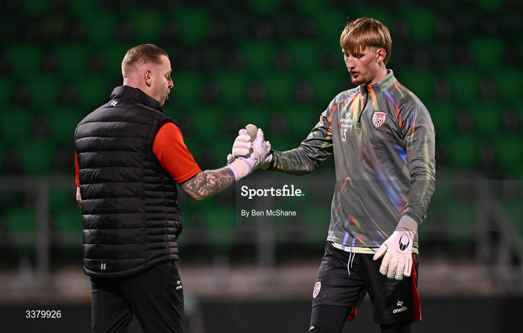 6 March 2026; Derry City goalkeeper Edward Beach with Derry City goalkeeping coach Anthony Fennelly before the SSE Airtricity Men's Premier Division match between Shamrock Rovers and Derry City at Tallaght Stadium in Dublin. Photo by Ben McShane/Sportsfile