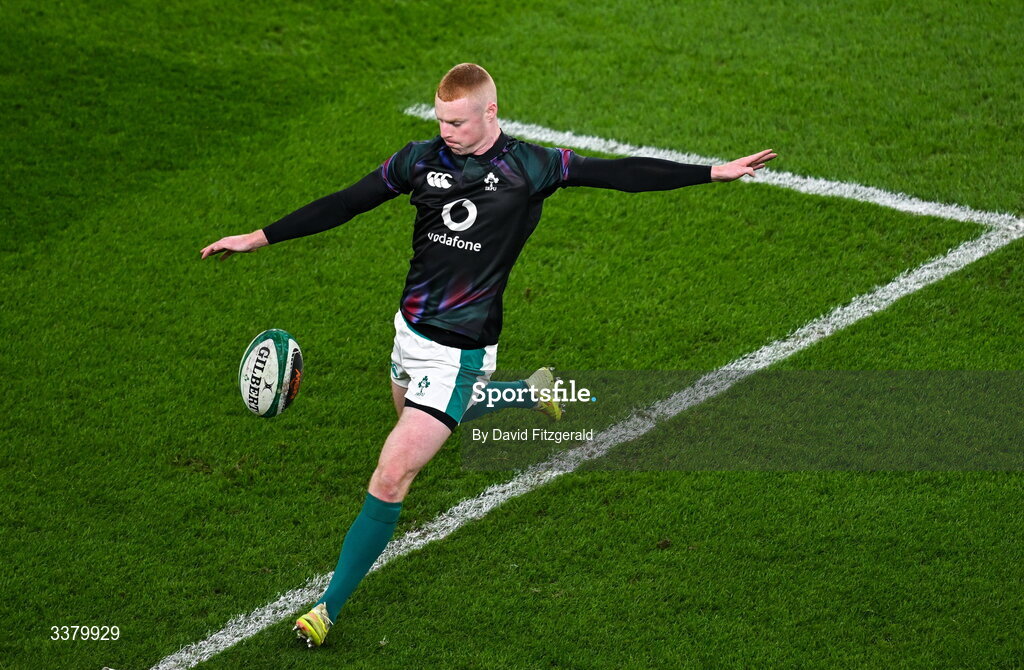 6 March 2026; Nathan Doak of Ireland warms-up before the Guinness 6 Nations Rugby Championship match between Ireland and Wales at the Aviva Stadium in Dublin. Photo by David Fitzgerald/Sportsfile