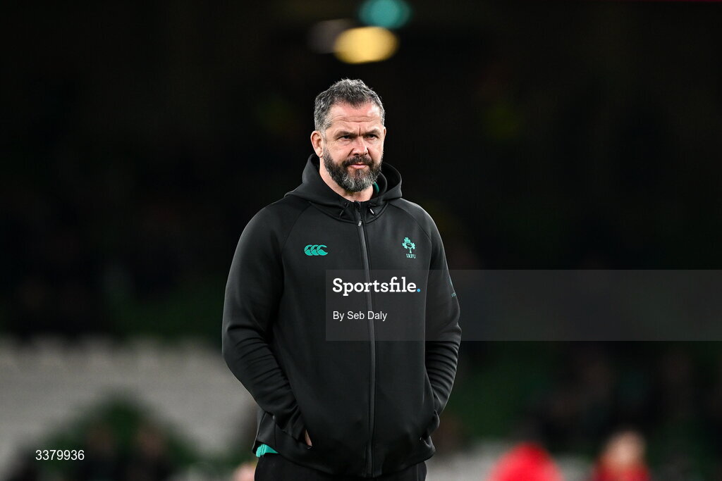 6 March 2026; Ireland head coach Andy Farrell before the Guinness 6 Nations Rugby Championship match between Ireland and Wales at the Aviva Stadium in Dublin. Photo by Seb Daly/Sportsfile