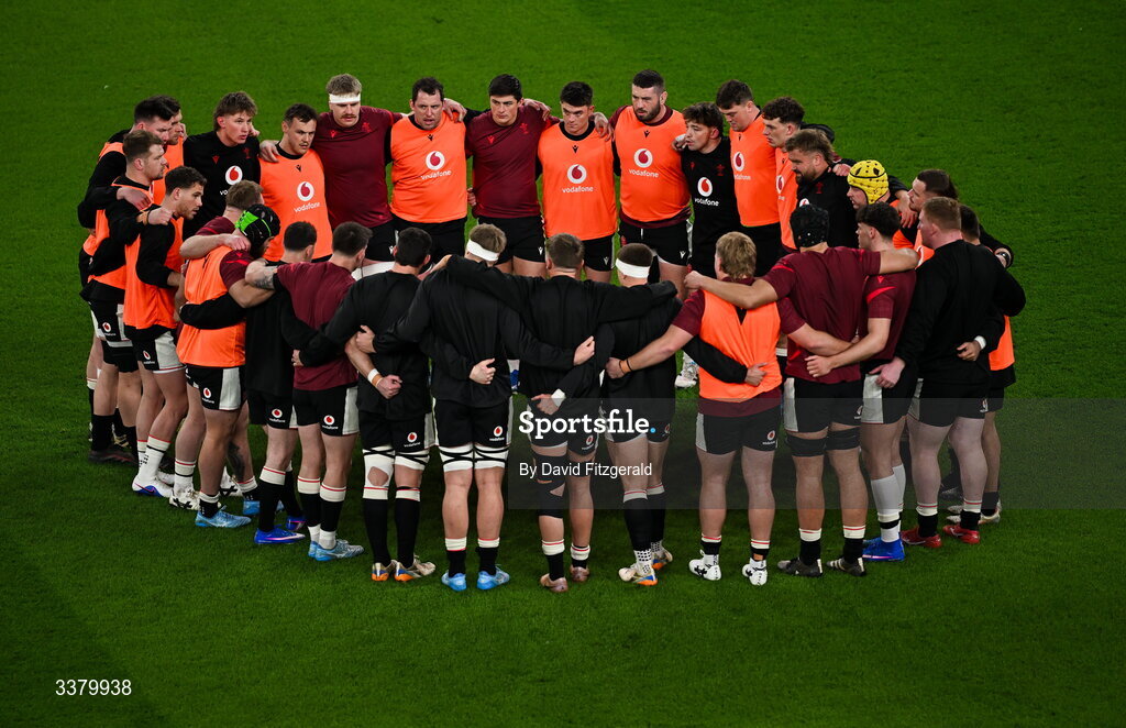 6 March 2026; Wales players huddle before the Guinness 6 Nations Rugby Championship match between Ireland and Wales at the Aviva Stadium in Dublin. Photo by David Fitzgerald/Sportsfile