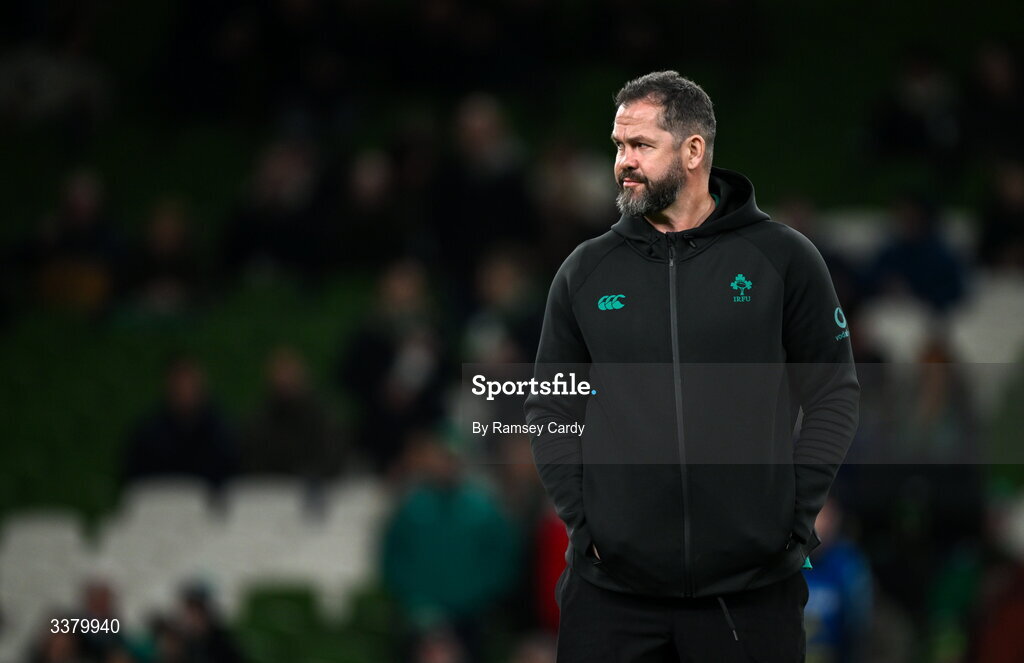 6 March 2026; Ireland head coach Andy Farrell before the Guinness 6 Nations Rugby Championship match between Ireland and Wales at the Aviva Stadium in Dublin. Photo by Ramsey Cardy/Sportsfile