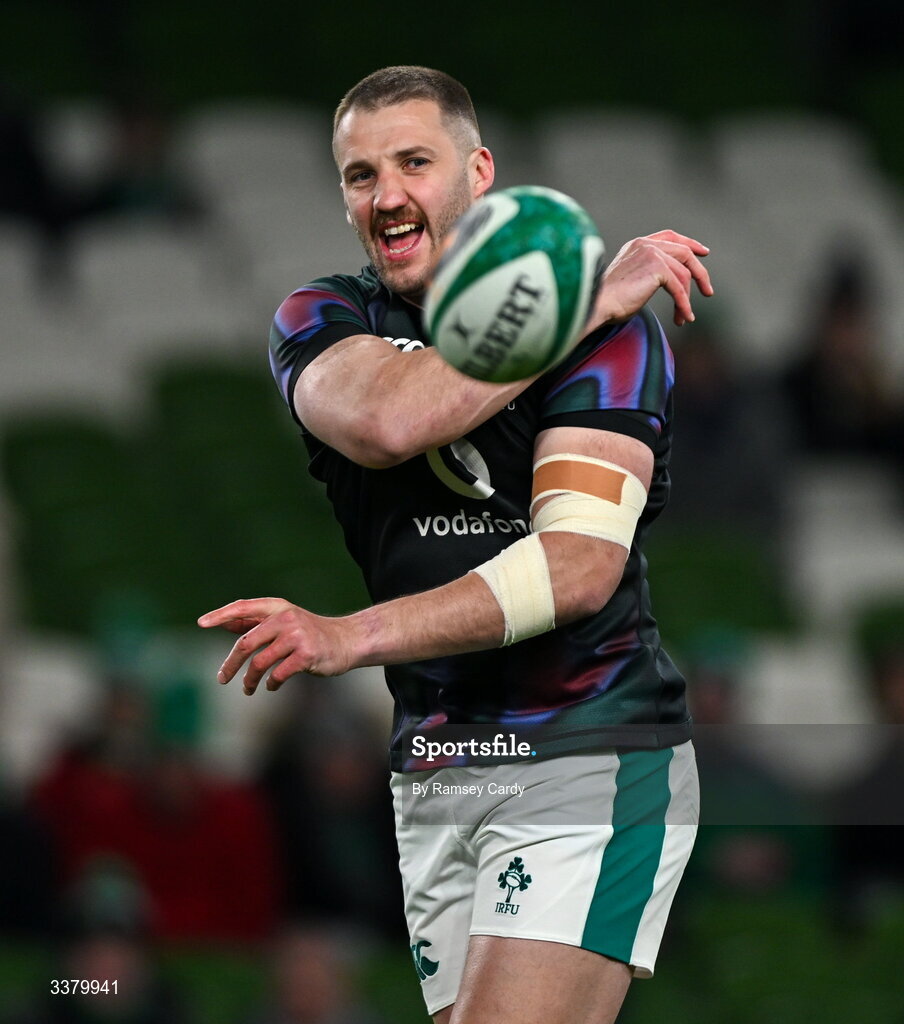 6 March 2026; Stuart McCloskey of Ireland warms-up before the Guinness 6 Nations Rugby Championship match between Ireland and Wales at the Aviva Stadium in Dublin. Photo by Ramsey Cardy/Sportsfile