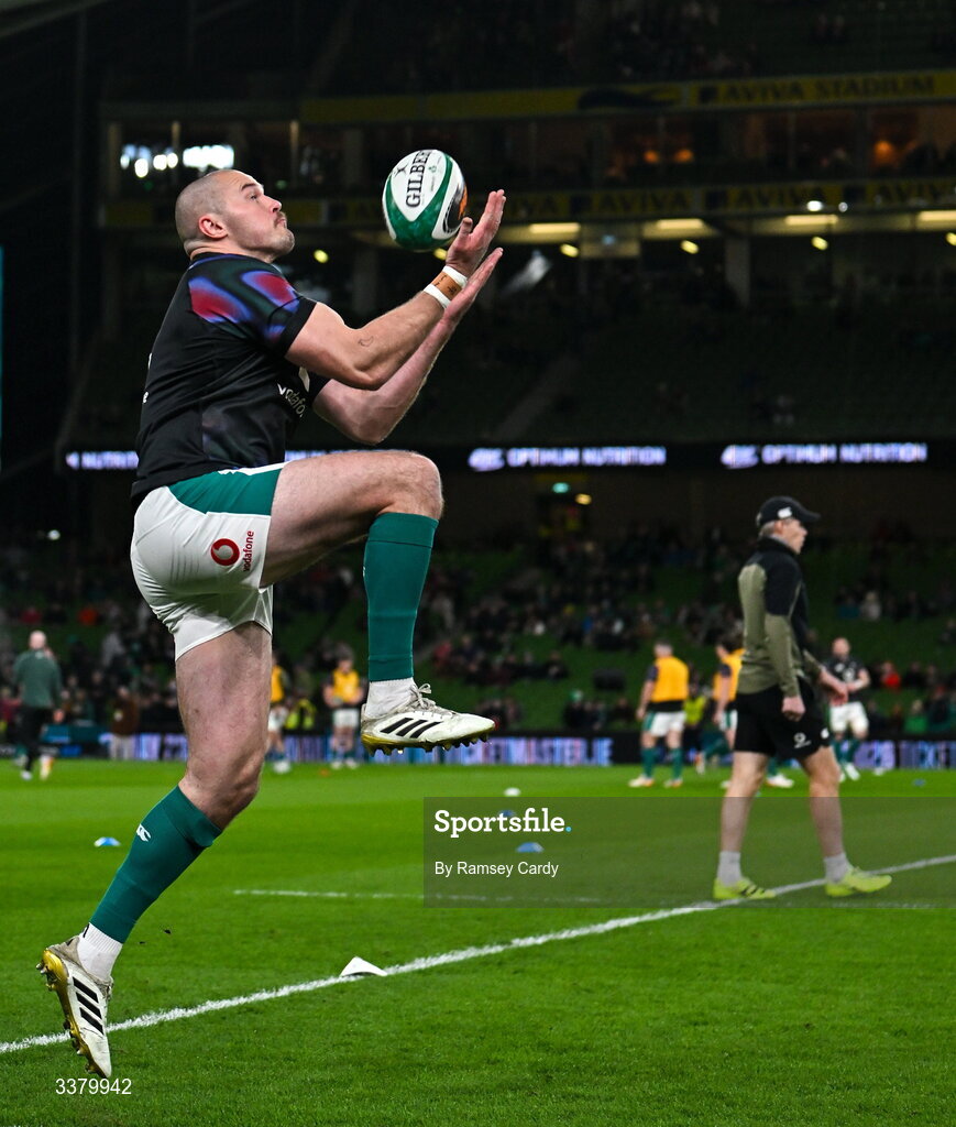 6 March 2026; Jacob Stockdale of Ireland warms-up before the Guinness 6 Nations Rugby Championship match between Ireland and Wales at the Aviva Stadium in Dublin. Photo by Ramsey Cardy/Sportsfile