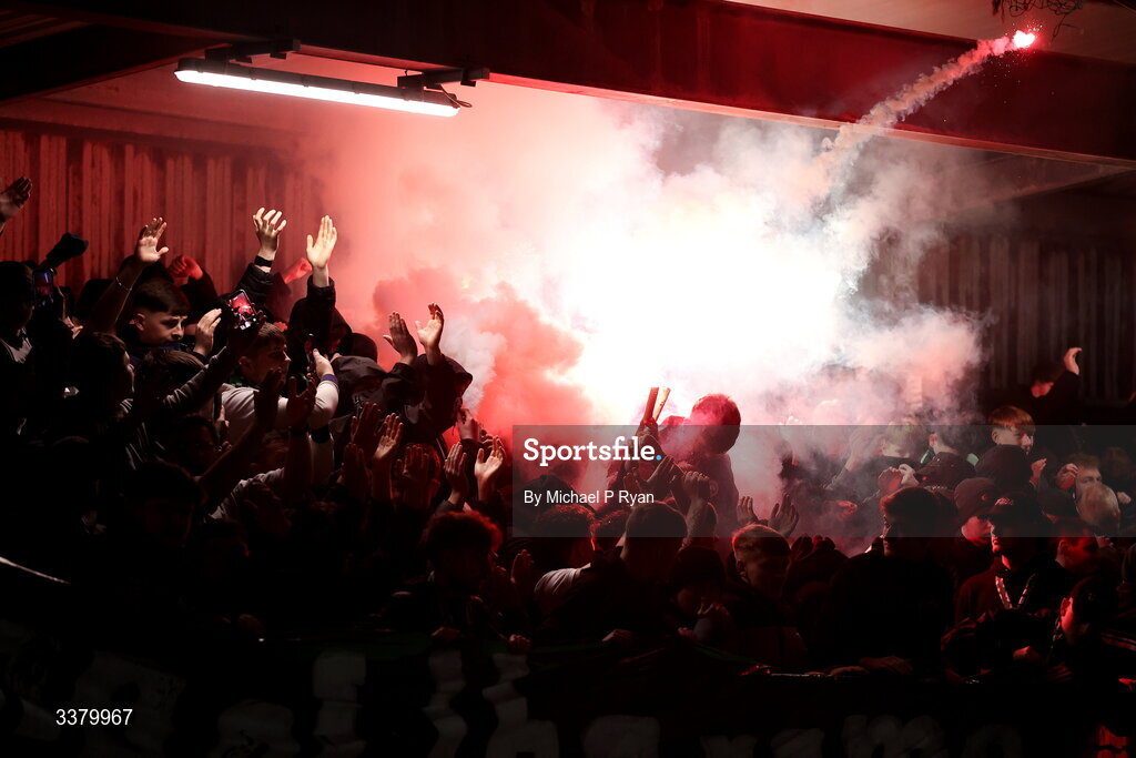 6 March 2026; Cork City supporters during the SSE Airtricity Men's First Division match between Cobh Ramblers and Cork City at St Colman's Park in Cobh, Cork. Photo by Michael P Ryan/Sportsfile