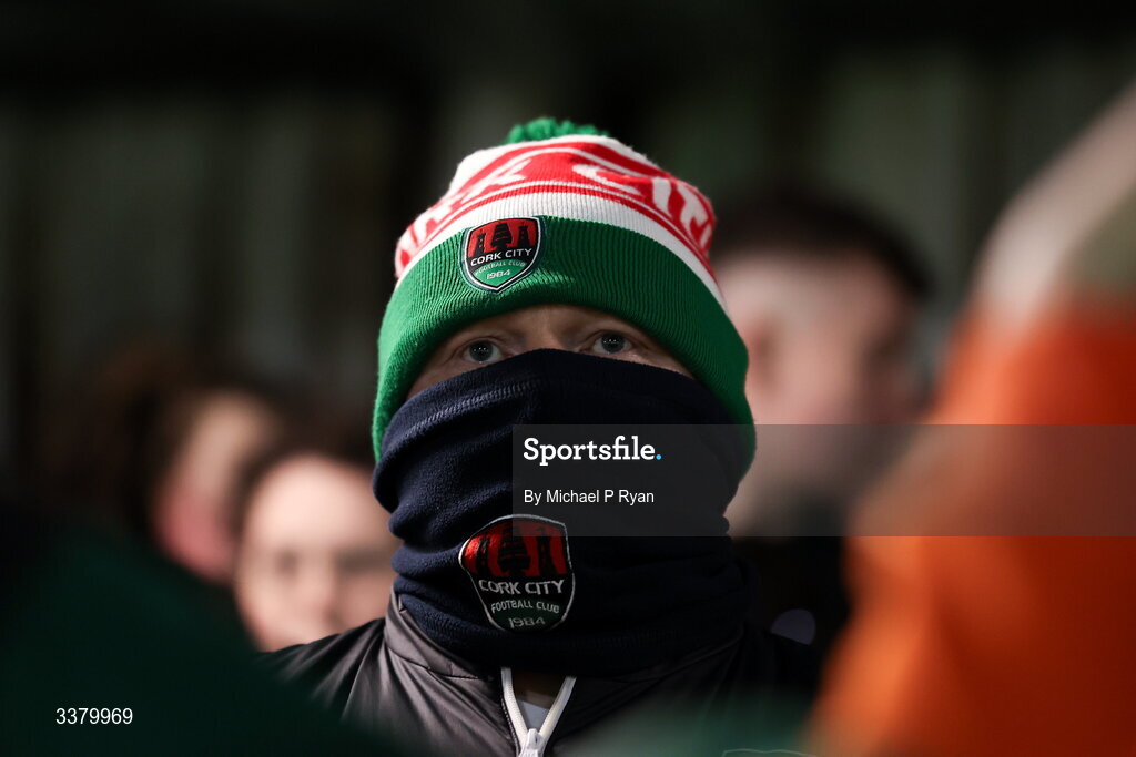 6 March 2026; A Cork City supporter during the SSE Airtricity Men's First Division match between Cobh Ramblers and Cork City at St Colman's Park in Cobh, Cork. Photo by Michael P Ryan/Sportsfile
