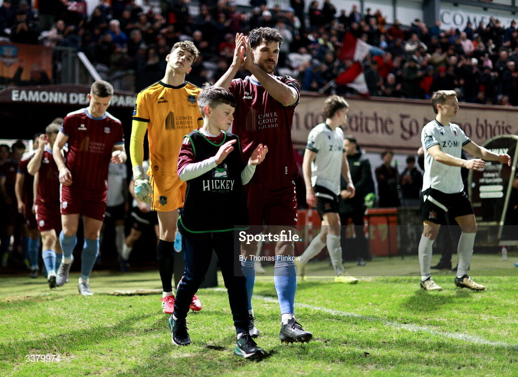 6 March 2026; Jimmy Keohane of Galway United leads his team onto the pitch before the SSE Airtricity Men's Premier Division match between Galway United and Dundalk at Eamonn Deacy Park in Galway. Photo by Thomas Flinkow/Sportsfile